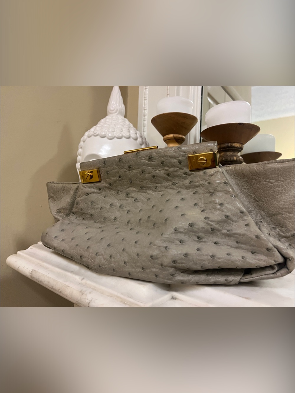 Lanvin Gray Ostrich Leather Handbag with Gold Accents